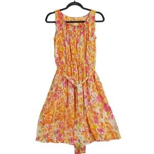 Garnet Hill Pink Peach Floral Silk Dress & Sash Belt XS Coquette Resort Party